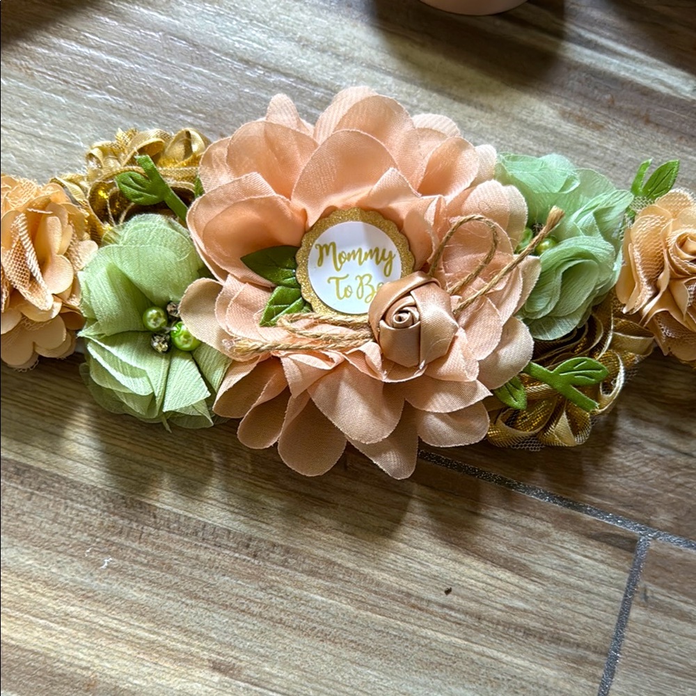 Peach and Sage Floral Mommy To Be Baby Shower/Maternity Photo Ribbon Sash